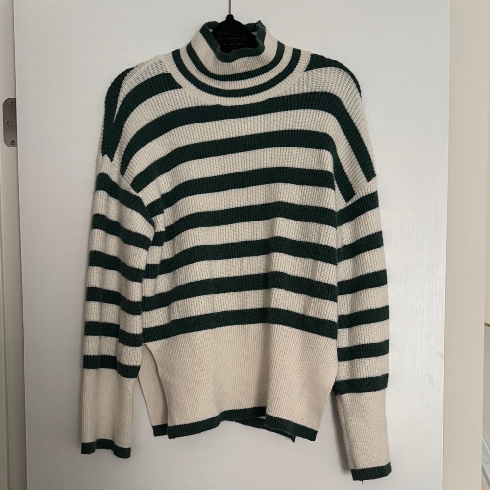 Anthropologie Cream and Dark Green Striped Turtleneck Sweater